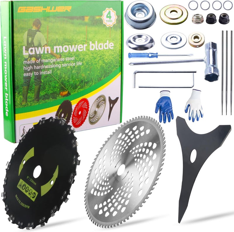 Azushwer 9"x20T Brush Blades Carbon Steel Round Chainsaw, 10"x3T Cutter Weed Eater Blades, 10"x80T Carbide Tip Blades- Adapter Kit with 3 Round Files, Compatible With Trimmer Weed Eater Husqvarna Stihl Ego - Image 1
